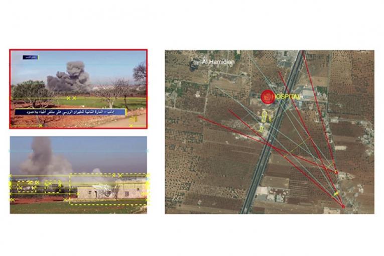 Extrait d'une vidéo de Forensic Architecture sur l'étude du bombardement de l'hôpital de Maarat Al Numan en Syrie en février 2016.