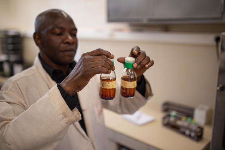 Dans un hôpital de Bangui (RCA), un responsable de laboratoire analyse des échantillons prélevés sur les patients afin de détecter la présence de bactéries résistantes.