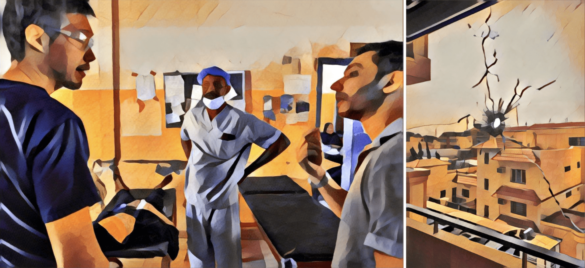 Illustrations sur la base d'une photographie prise par Ala Kheir. Une partie de l'équipe médicale de l'hôpital universitaire Bashair, à Khartoum, Soudan, mai 2023 (gauche). Un impact de balle sur l'une des fenêtres des locaux de MSF, à Khartoum, Soudan, avril 2023 (droite). 