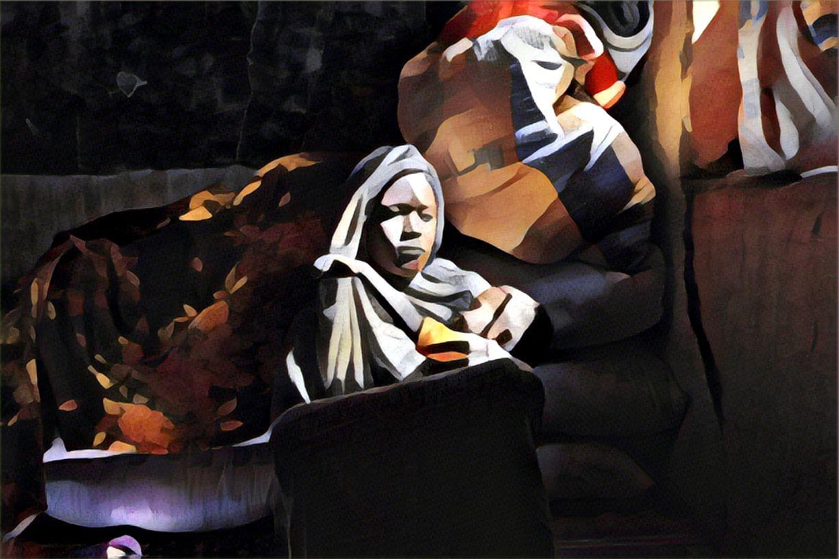 Illustration à partir d'une photographie prise par Faiz Abubakr. Portrait d'une jeune femme et de son enfant, déplacés par les combats à Wad Madani, dans l'État d'Al Jazirah, Soudan, décembre 2023.