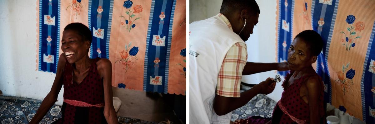 Depuis qu'elle est suivie par l'équipe MSF de soins palliatifs pour soigner son cancer du col de l'utérus, Margaret Mafupa ressent moins de douleurs. Cependant, n'arrivant pas à se déplacer correctement, elle a besoin d'une aide constante. District de Blantyre, Malawi, le 10 mars 2020. 
 © Francesco Segoni/MSF