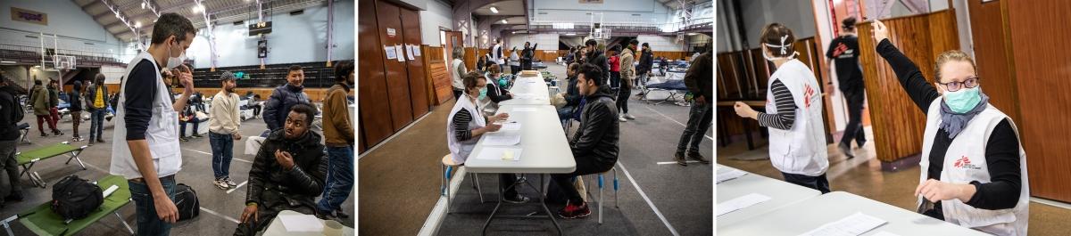 Les équipes MSF lors d'une intervention dans le gymnase Jean-Jaurès à Paris, le 24 mars 2020. 
 © Agnes Varraine-Leca/MSF