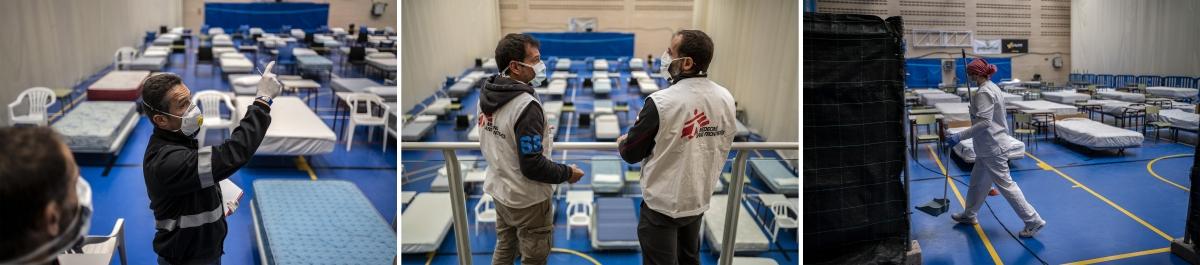 Hôpital temporaire pour les personnes atteintes de la Covid-19, installé par MSF à Leganes en Espagne, afin de désengorger les hôpitaux de la région, en mars 2020.
 © Olmo Calvo