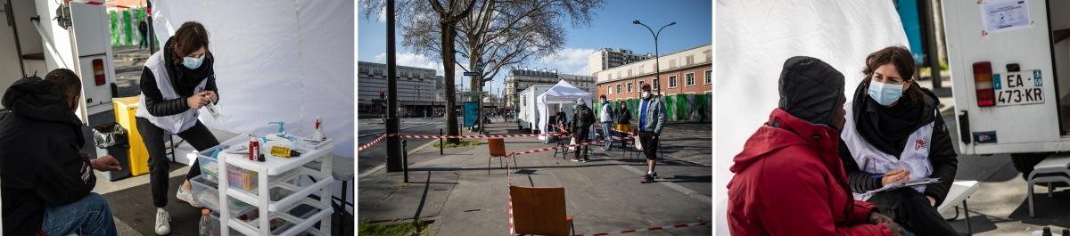 Une clinique mobile MSF déployée à Porte de la Villette à Paris en mars 2021. 
 © Agnes Varraine-Leca/MSF