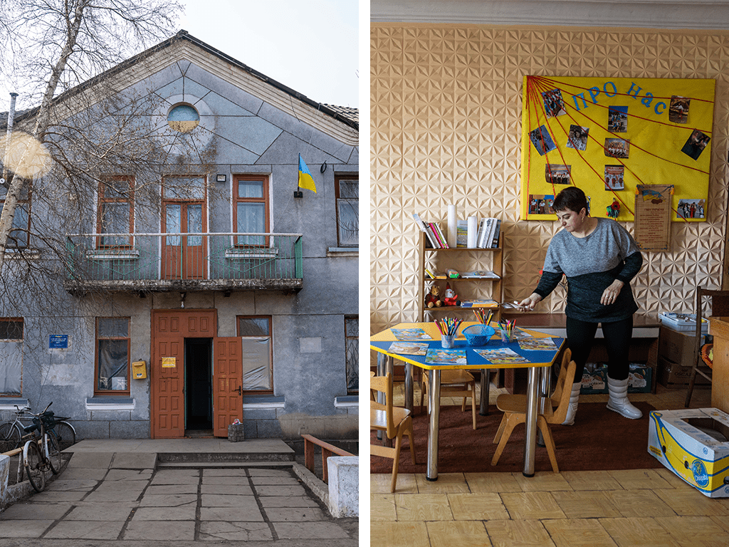 L'hôtel de ville de Blahodatne (à gauche) et une bénévole dans le centre des volontaires du village (à droite). Ukraine. Février 2023.
 © Laurel Chor
