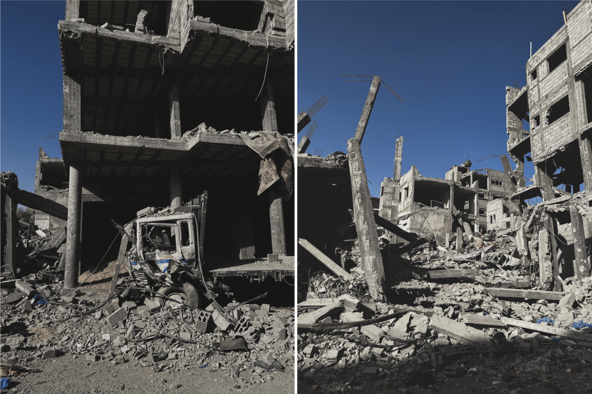 Palestine, Khan Younès, sud de Gaza, 22 avril 2024. Des maisons démolies par les bombardements israéliens sur la route d'Al-Mawasi, à Khan Younis.
 © Ben Milpas/MSF