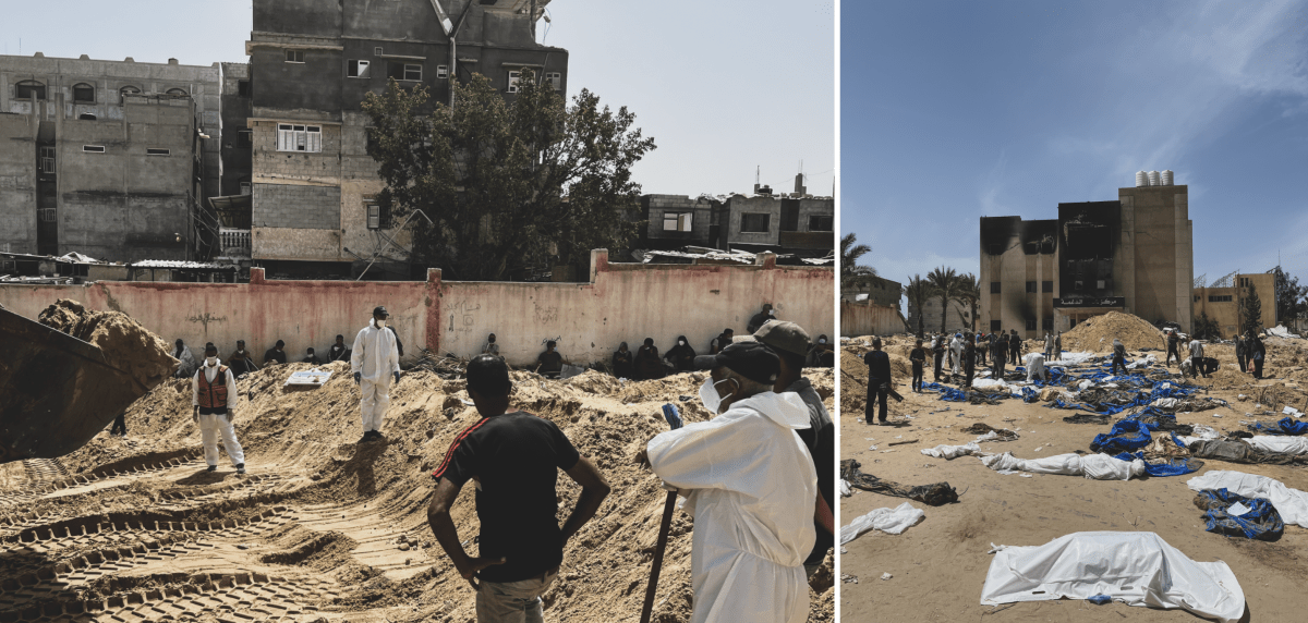 Palestine, Khan Younis, sud de Gaza, 22 avril 2024. Des Gazaouis cherchent à identifier les corps découverts dans une fosse commune située sur le terrain de l'hôpital Nasser. 
 © Ben Milpas/MSF