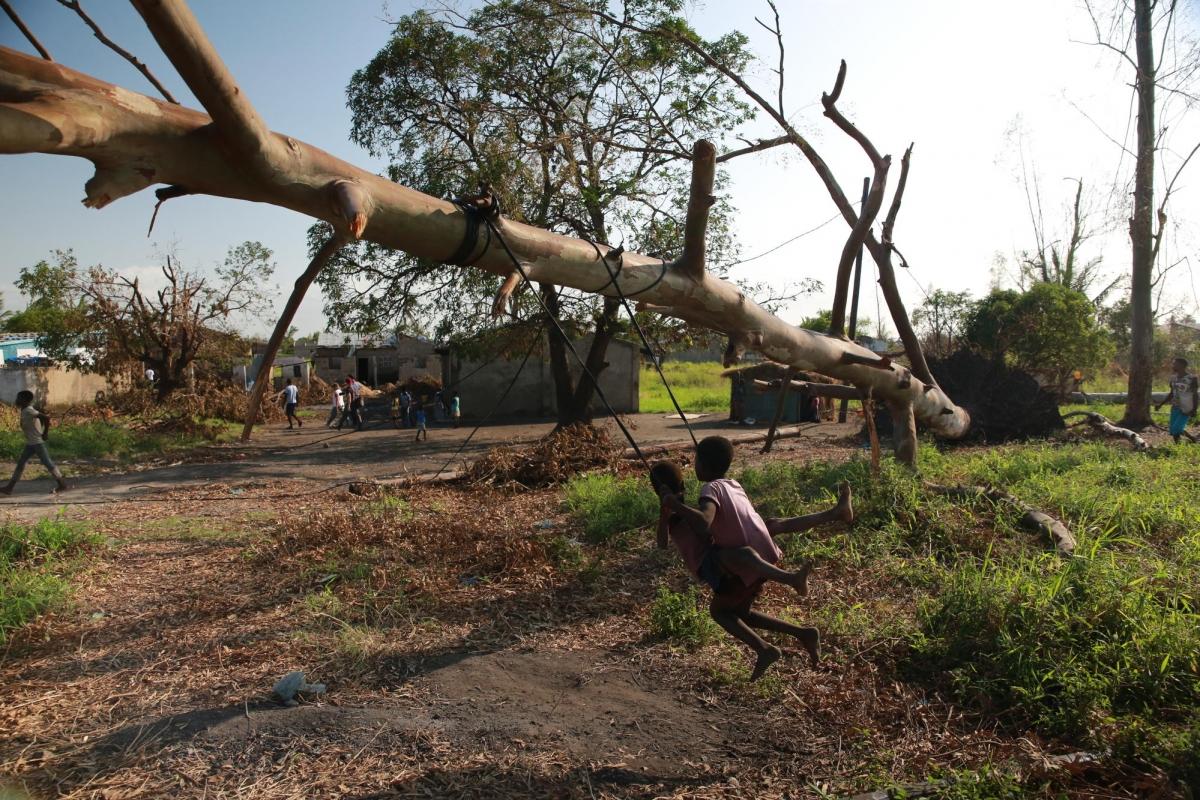 Des enfants jouent sur une balançoire accrochée à un arbre tombé lors du passage du cyclone. Mozambique. 2019.
 © Mohammad Ghannam/MSF