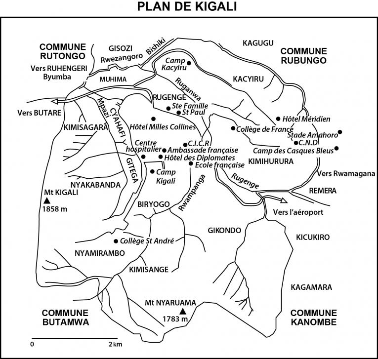 Carte de Kigali éditée par Jean-Hervé Bradol et Marc Le Pape à partir de la carte de l'ouvrage d'André Guichaoua (dir.) Les crises politiques au Burundi et au Rwanda (1993 - 1994), Paris, Karthala, 1995 p. 524.