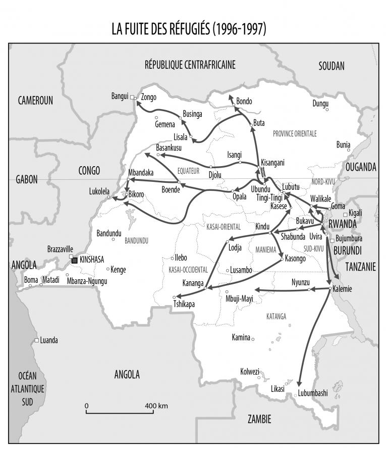 Fuite des réfugiés rwandais hutus à travers le Zaïre. Carte éditée par Jean-Hervé Bradol et Marc Le Pape à partir de HCR, Les réfugiés dans le monde : cinquante ans d'action humanitaire, Paris, Autrement, 2000, p. 270.