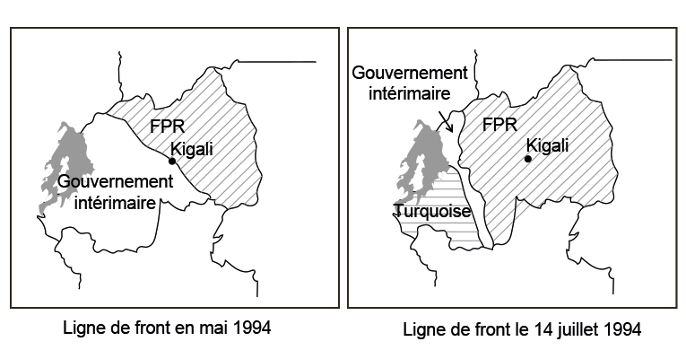Mouvement du Front patriotique rwandais en 1994. Carte éditée par Jean-Hervé Bradol et Marc Le Pape à partir de la carte de l'Évaluation conjointe de l'aide d'urgence au Rwanda, Étude 3, L'aide humanitaire et ses effets, Londres, ODI, 1996, p. 30. 