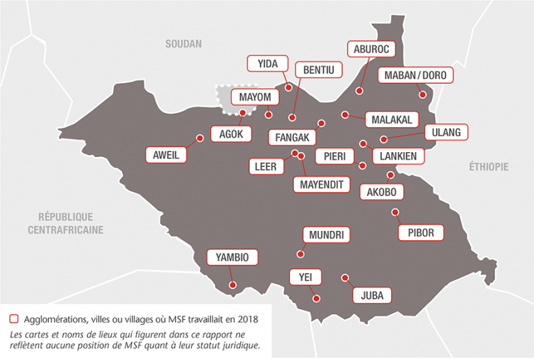 Principales interventions de Médecins Sans Frontières (MSF) au Soudan du Sud. Source : rapport international d'activités 2019
© MSF
