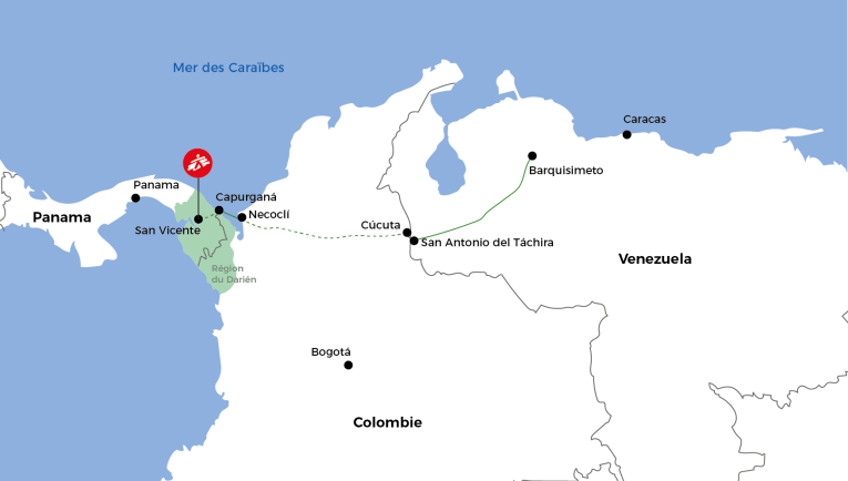 Le parcours d'Ana, depuis Barquisimeto au Venezuela, jusqu'à San Vicente, au Panama.
 © MSF