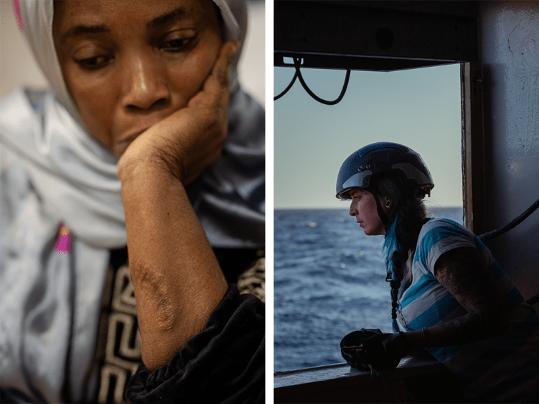 Portrait de Bintou (à gauche) et d'une membre des équipes du Geo Barents (à droite). 
 © Mahka Eslami