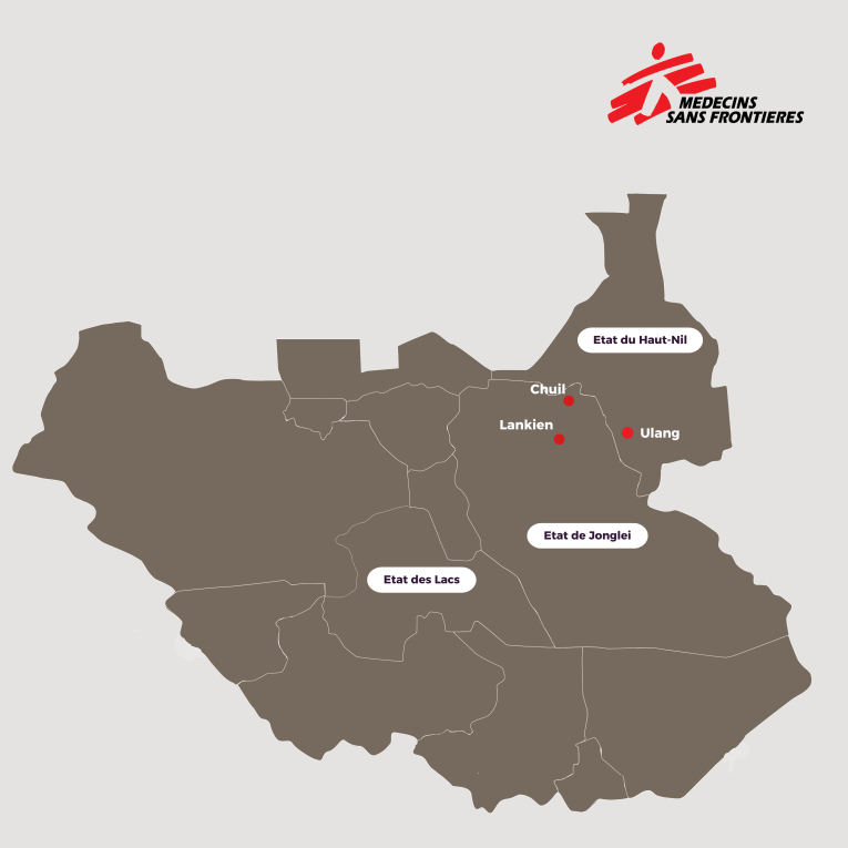 Carte des villes et régions accueillant les populations déplacées après l'escalade des conflits au Soudan du Sud.&nbsp;
 © MSF