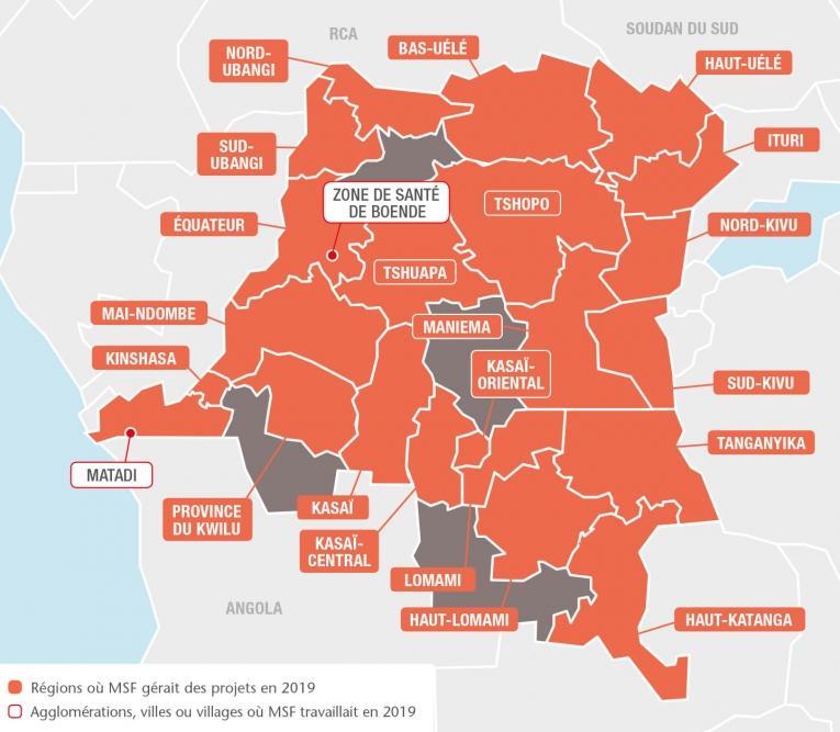 Principales régions d'interventions de MSF en RDC. Source : rapport international d'activités 2019