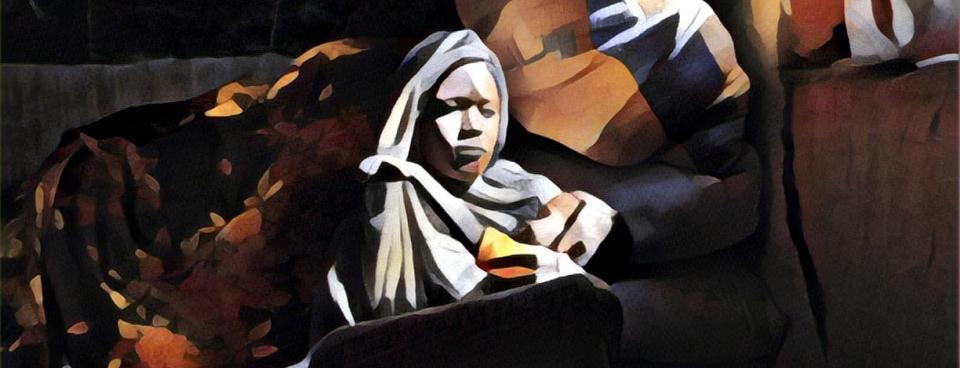 Illustration à partir d'une photographie prise par Faiz Abubakr. Portrait d'une jeune femme et de son enfant, déplacés par les combats à Wad Madani, dans l'État d'Al Jazirah, Soudan, décembre 2023.