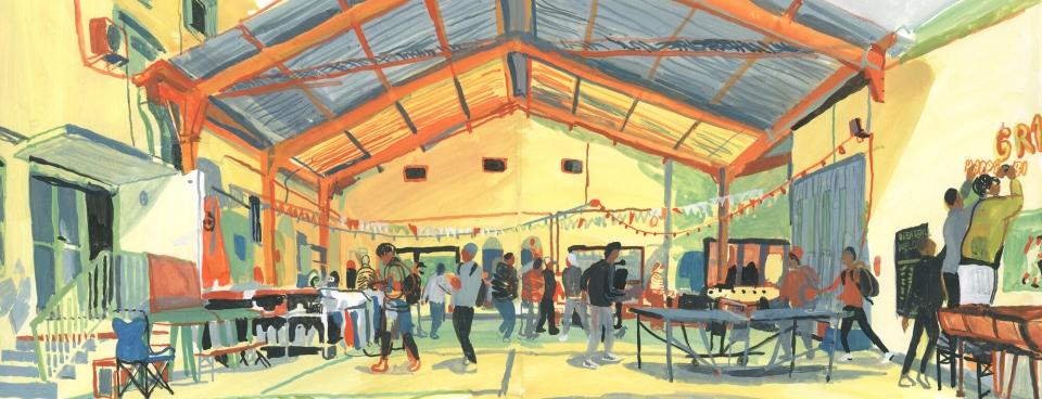 Vue du préau du GR1 à Marseille, une structure dans laquelle les équipes MSF travaillent.